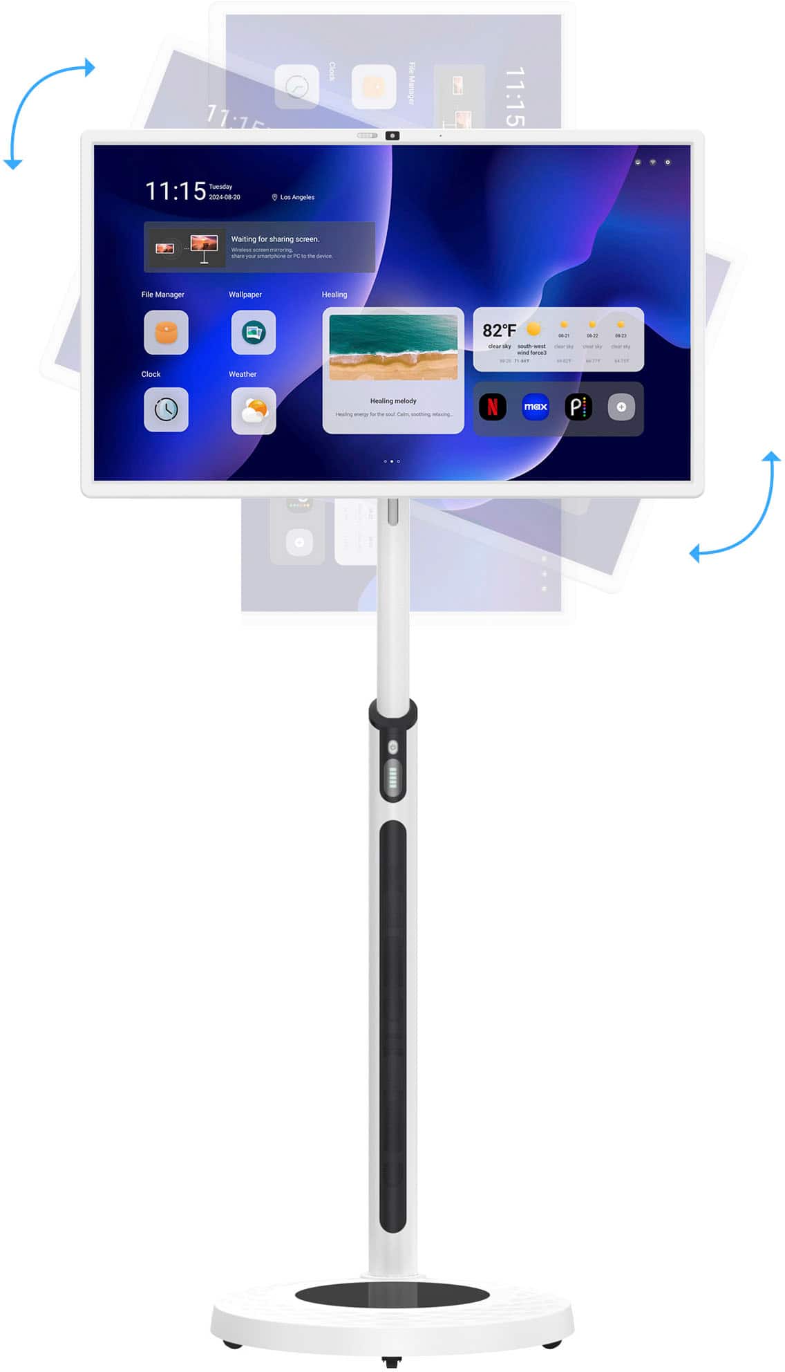 The image features a computer monitor on a stand, with the time displayed as 11:15. The monitor is turned on, and the screen is showing the time and date. The stand is white, and the monitor is placed on top of it. The image also shows a clock in the background, indicating the time of 11:15.