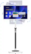 The image features a computer monitor on a stand, with the time displayed as 11:15. The monitor is turned on, and the screen is showing the time and date. The stand is white, and the monitor is placed on top of it. The image also shows a clock in the background, indicating the time of 11:15.