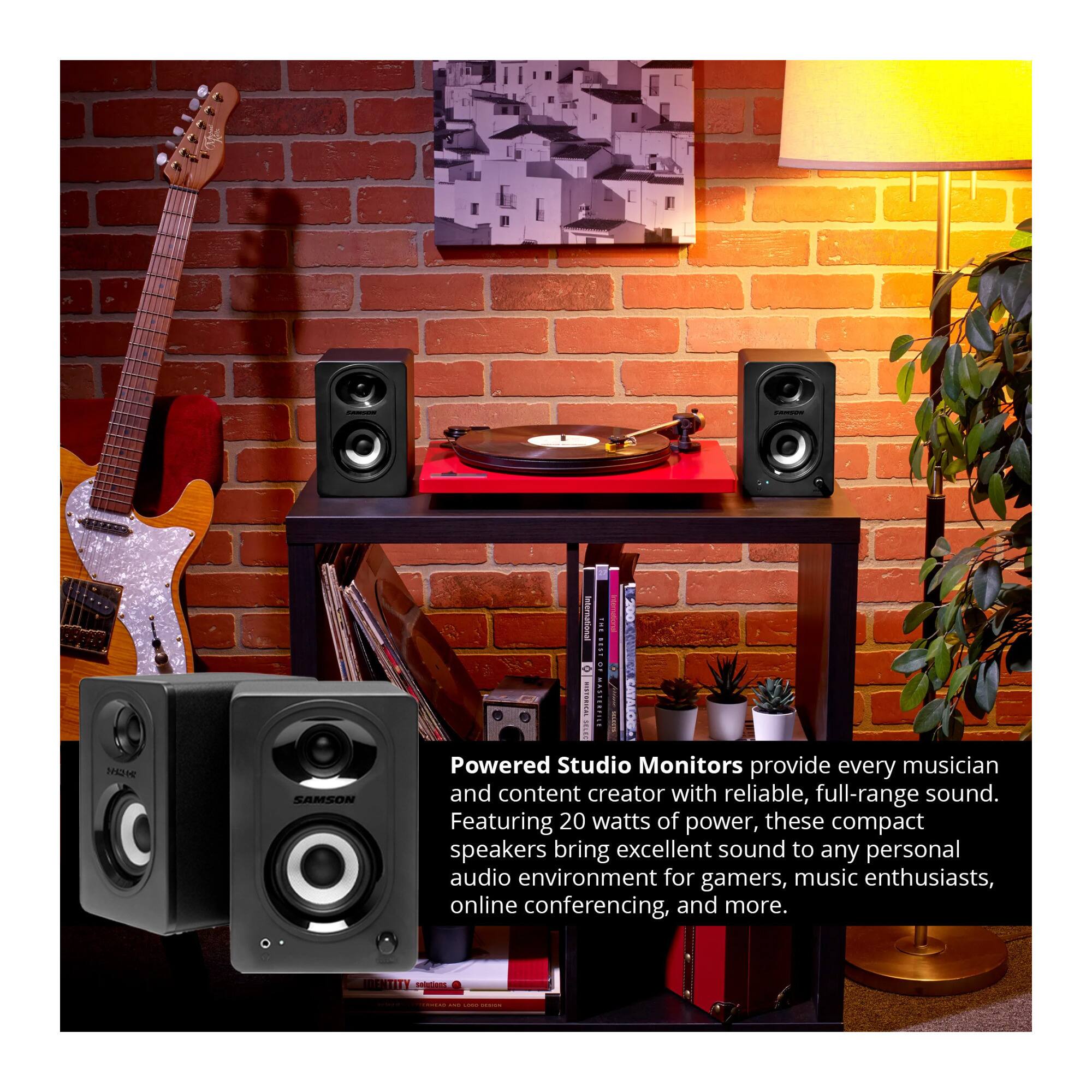 Powered Studio Monitors provide every musician and content creator with reliable, full-range sound. Featuring 20 watts of power, these compact speakers bring excellent sound to any personal audio environment for gamers, music enthusiasts, online conferencing, and more.