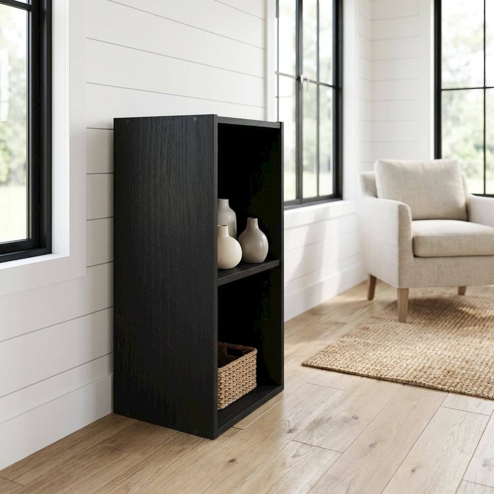 Angle. FurniFact - Black Wooden Bookcase with Compact Design and Sturdy Construction - Blackwood.