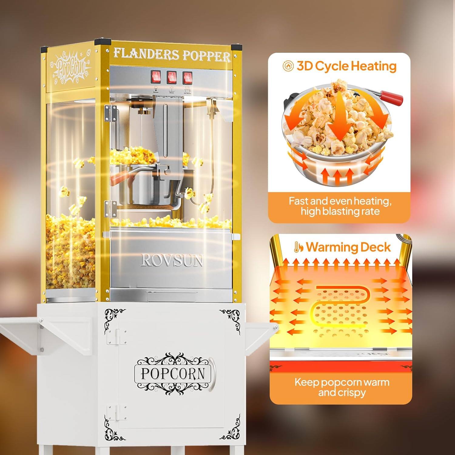 FLANDERS POPPER  
ROVSUN  

3D Cycle Heating  
Fast and even heating, high blasting rate  

Warming Deck  
Keep popcorn warm and crispy