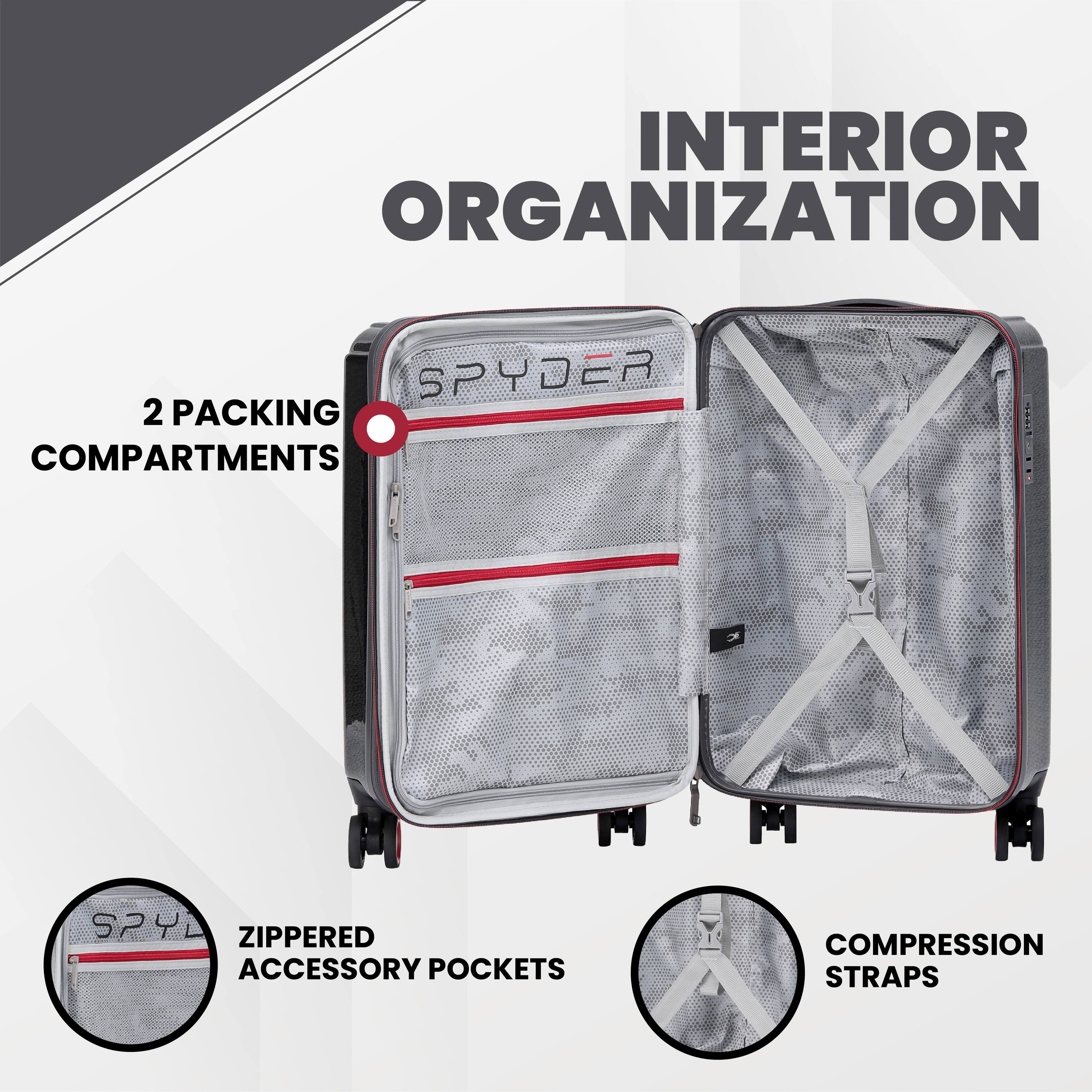 INTERIOR ORGANIZATION  
- 2 PACKING COMPARTMENTS  
- ZIPPERED ACCESSORY POCKETS  
- COMPRESSION STRAPS