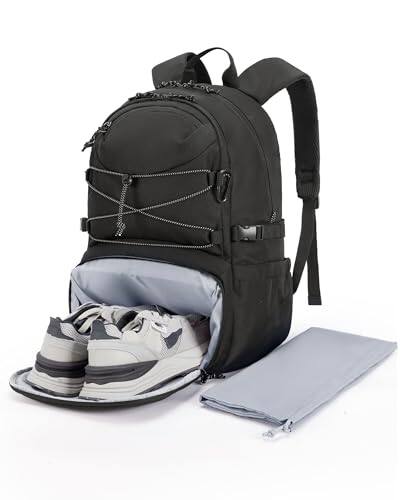 Front. Vulpecula Spade - Gym Backpack with Shoes Compartment, Travel Backpack for Men Women, Stylish Workout Sport Bag for Yoga, Casual Weekender - 01-black.
