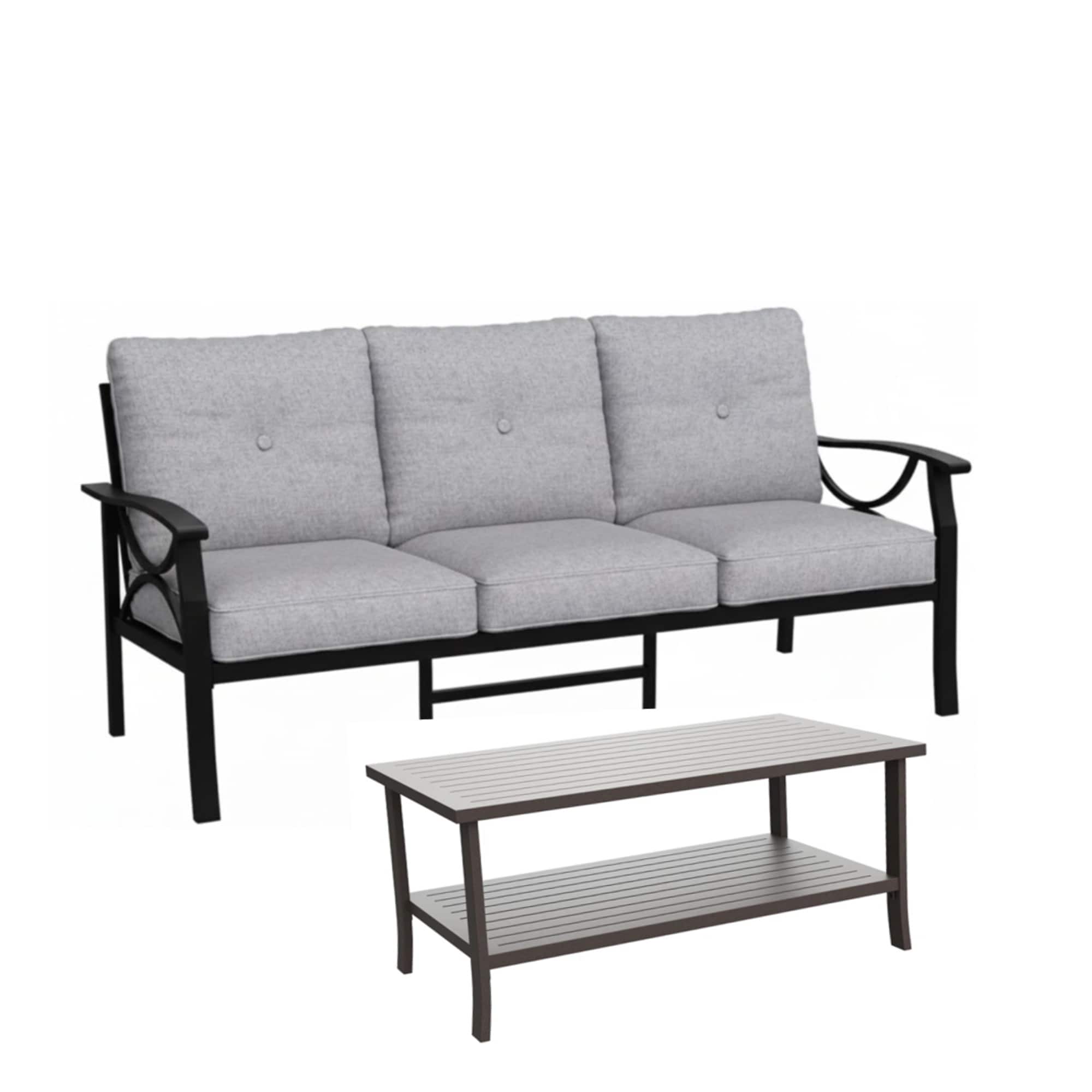 Mondawe - 2 Piece Outdoor Sofa Set with Rectangular coffee Table and Cushions - Black+ Gray
