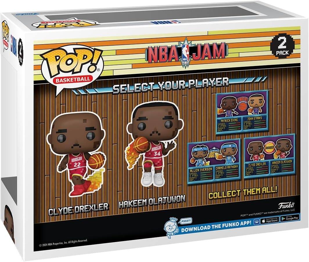 NBA JAM POP! BASKETBALL SELECT YOUR PLAYER 2 PACK

PATRICK EVING
SPEED
TPTES
DONKS

JOHN STARKS
SPEED
PICS
DUNCS

ROUSCON
22
NOUSCOO
34

UGG
CARMELO ANTHONY
ALLEN IVERSON
SPEED

FIRTS
FTPS
OUNKS

Duas
BCKELS
WAKEEM
DL
LAJUVON
CL
YDE
OREXLER
SPEED
CT
FTES

Donas

COLLECT THEM ALL!

HAKEEM OLAJUWON
CLYDE DREXLER

are trademarks of Funko LLC
POP! and FUNKO are trademarks of Funko LLC

Google Play
App Store

FUNKO APP!
DOWNLOAD THE

© 2024 NBA Properties, Inc. All Rights Reserved.