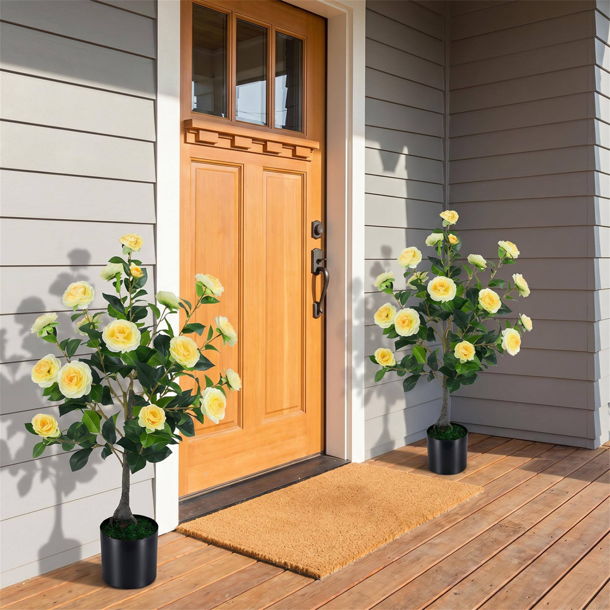 Alt View 1. Boyel Living - 2-Pack Artificial Camellia Tree Faux Flower Plant in Cement-Filled Pot-Yellow - Yellow.