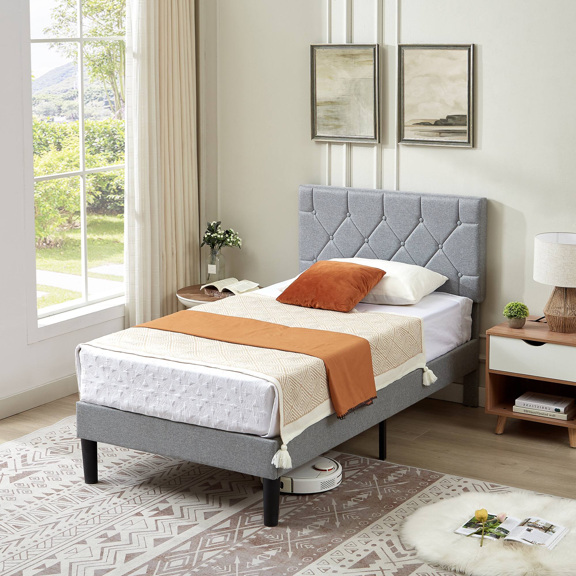 Alt View 4. Vecelo - Twin Bed Frame with Upholstered Headboard, Heavy Duty Wooden Bed Slats - Noiseless Platform Bed, No Box Spring Required - Grey.