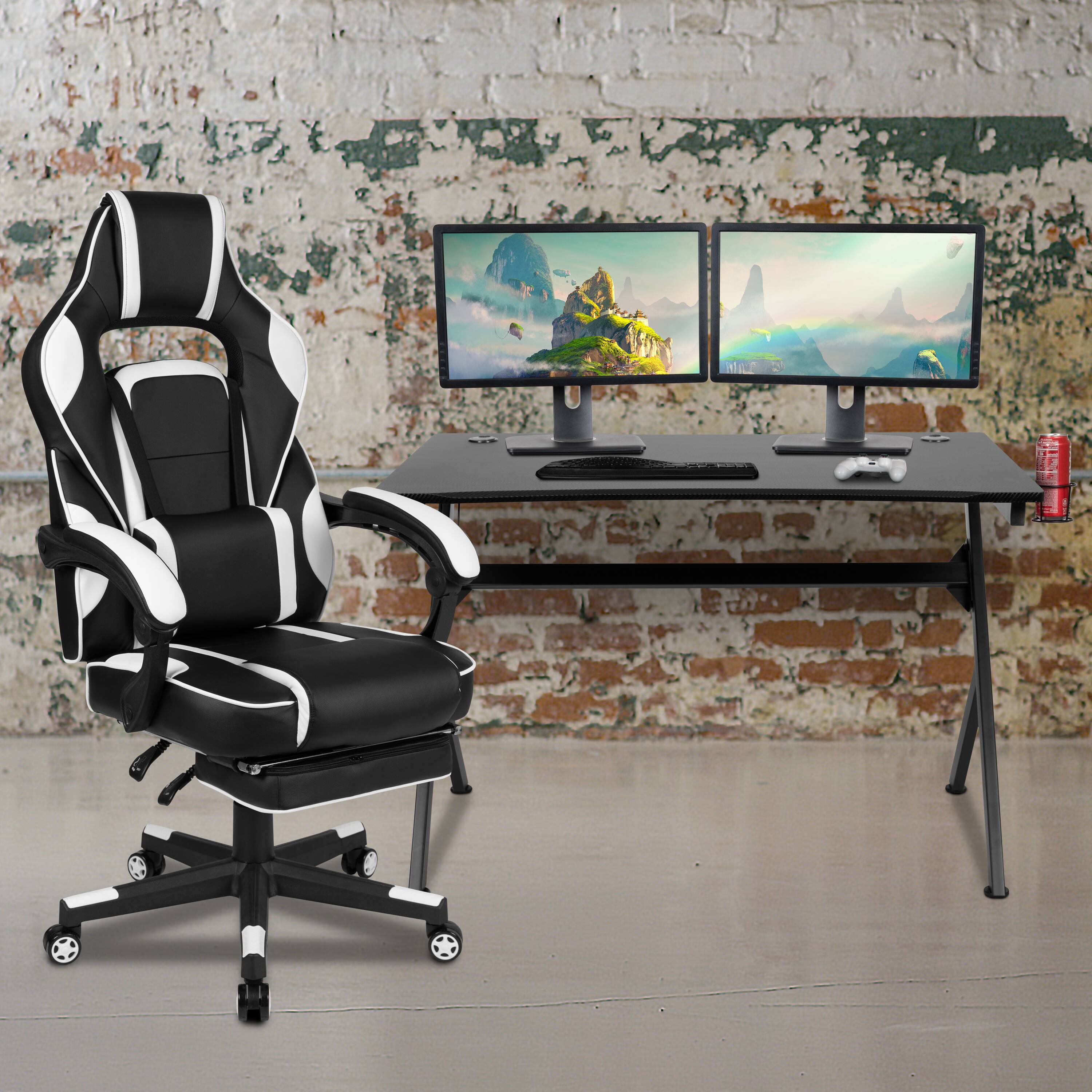 Alt View 1. Emma + Oliver - Gaming Desk Set - Cup/Headset Holder/Reclining & Footrest - White.