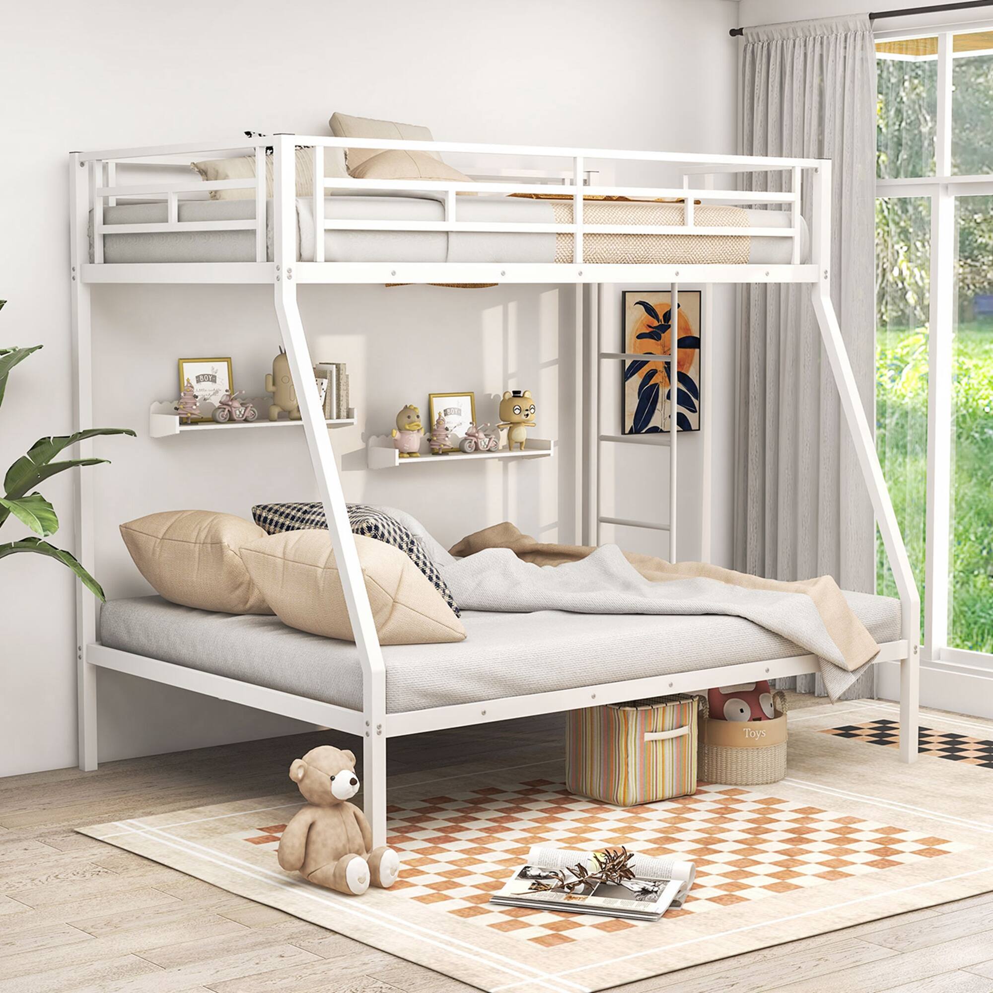 Alt View 1. Costway - Costway Twin Over Full Metal Bunk Bed with Integrated Ladder Full-length Guardrail - White.