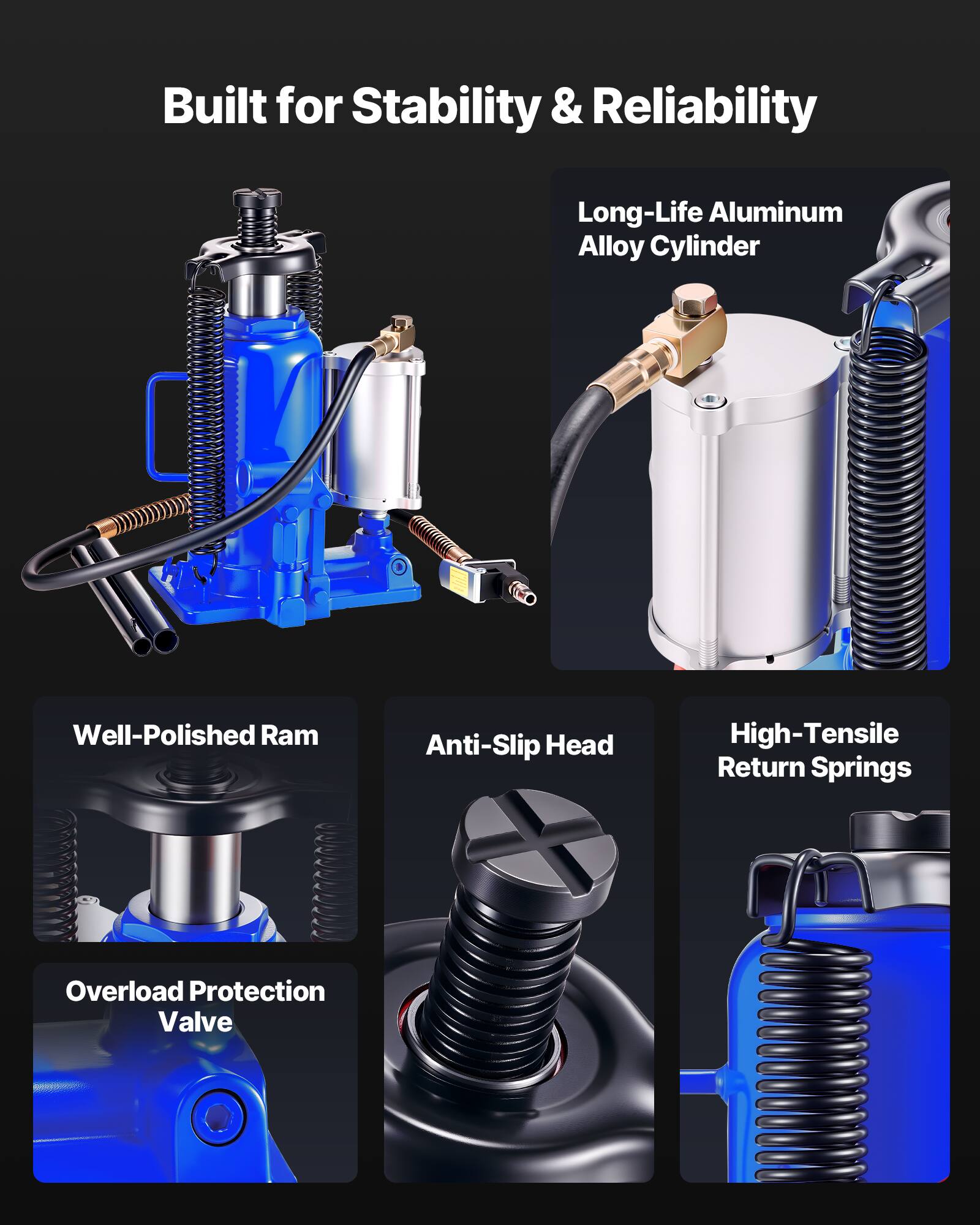 Built for Stability & Reliability

- Long-Life Aluminum Alloy Cylinder
- Well-Polished Ram
- Anti-Slip Head
- High-Tensile Return Springs
- Overload Protection Valve