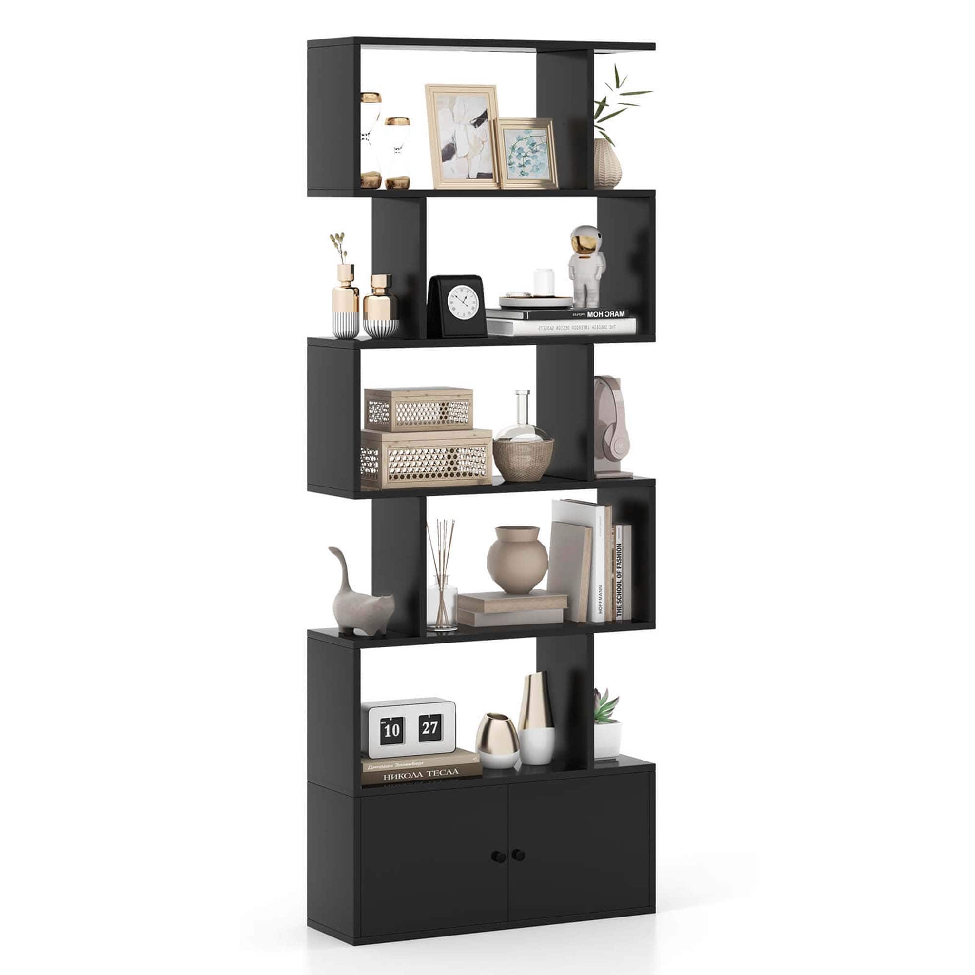 Costway - 6-Tier S-Shaped Bookcase Storage Rack Bookshelf with Cabinet Anti-toppling Devices - Black