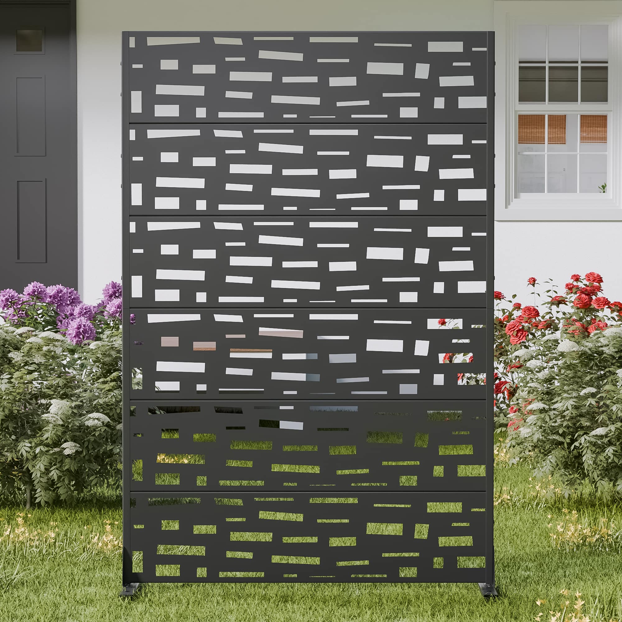 PexFix - 72 in. x 47 in. Gerald Pattern Metal Outdoor Privacy Screen & Panels, Freestanding Garden Divider Fence - Black