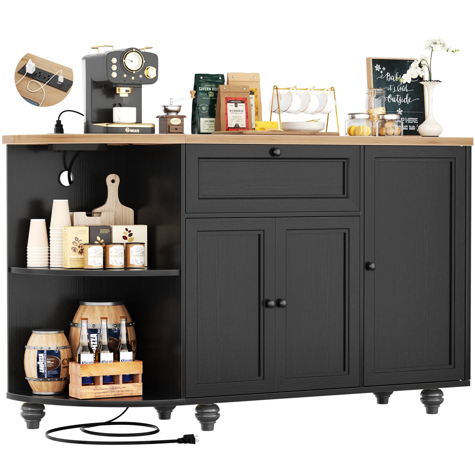 "Aheaplus - 55""Wooden Sideboard Cabinet with Power Outlets, Coffee Bar, Wine Rack & Solid Wood Legs - Black" price history on PriceWatchPro