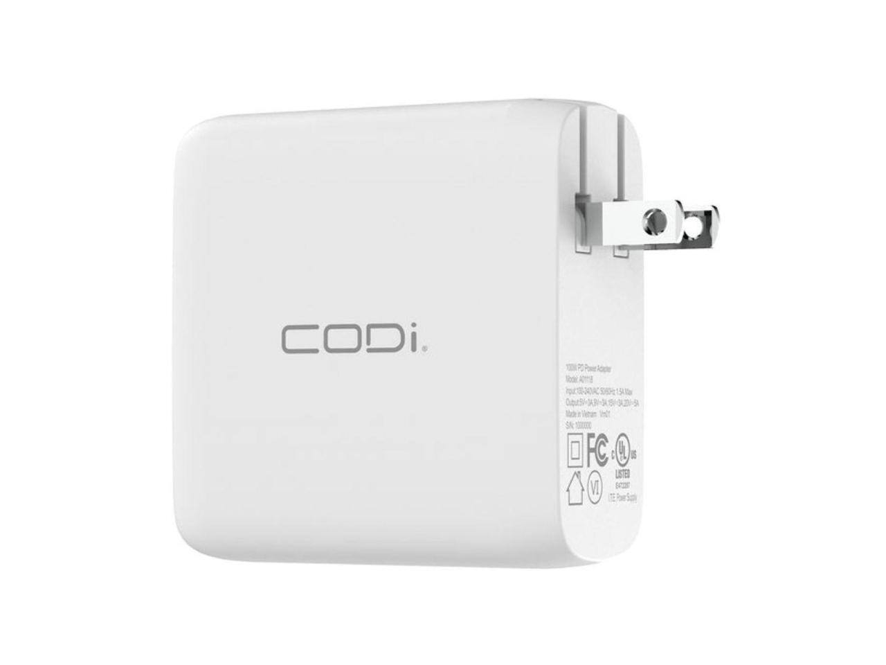 CODi.  
100W PD Charger  
Input: 100-240V~50/60Hz 1.5A  
Output: USB-C: 5V-20V=3A, 5V-20V=3A  
Made in China  
UL Listed  
VI  
IEC 62684  
CE  
FCC