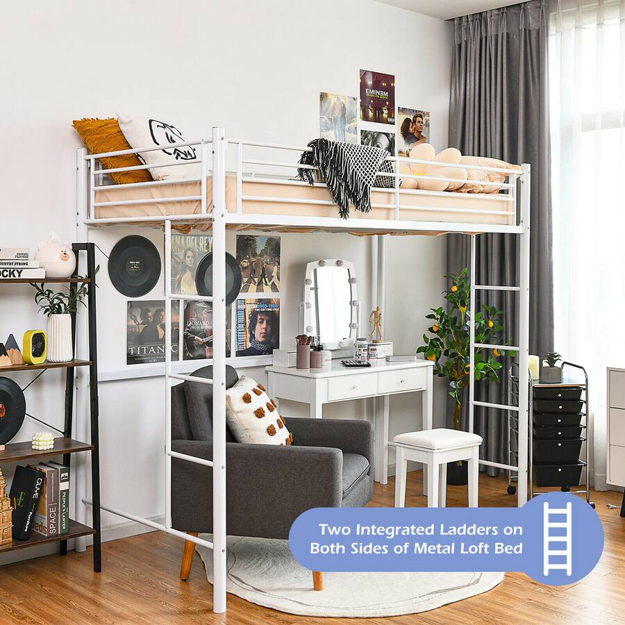Integrated Laders Costway Twin Metal Loft Bed Frame w/ 2 Ladders Full length Guardrail ...
