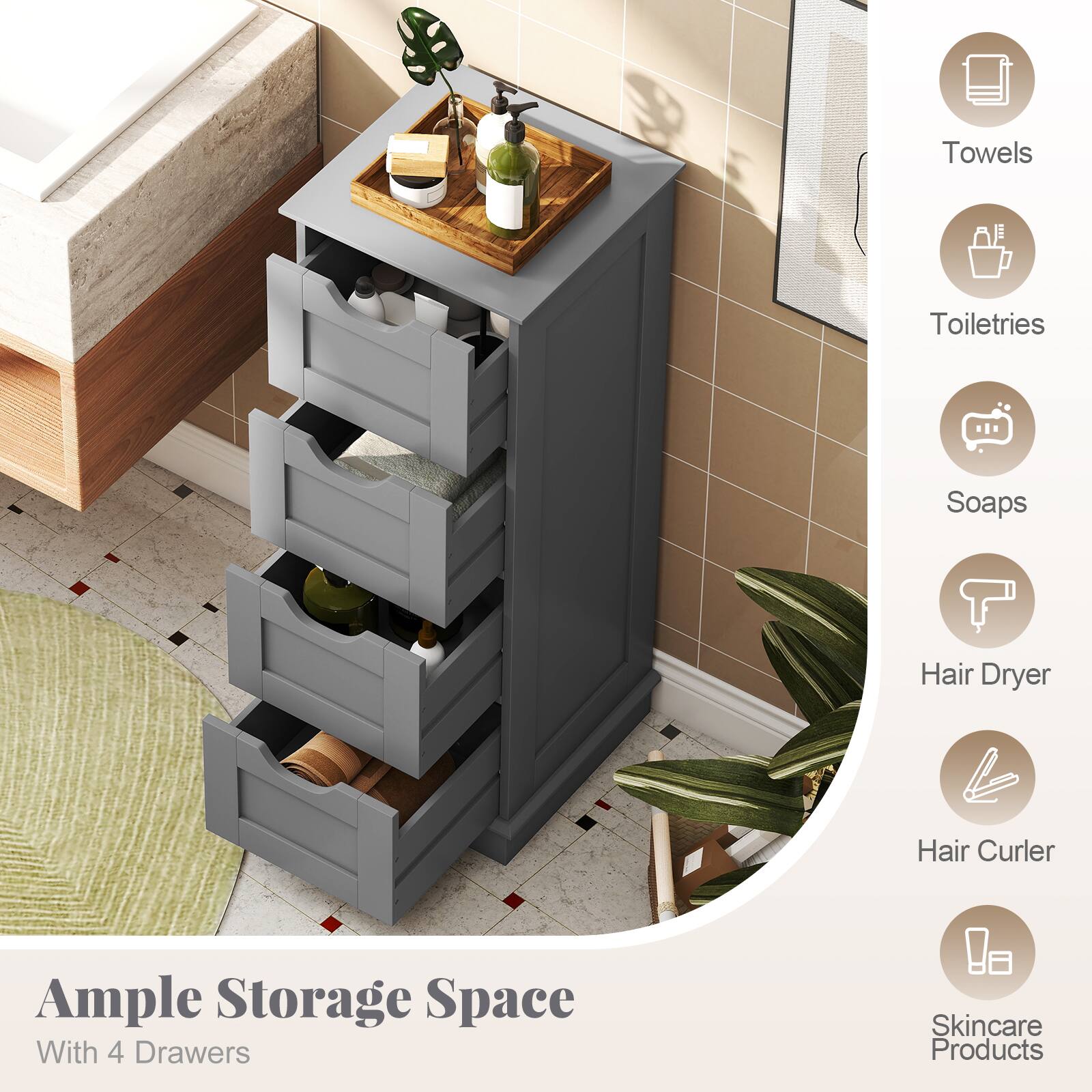Towels  
Toiletries  
Soaps  
Hair Dryer  
Hair Curler  
Ample Storage Space With 4 Drawers  
Skincare Products