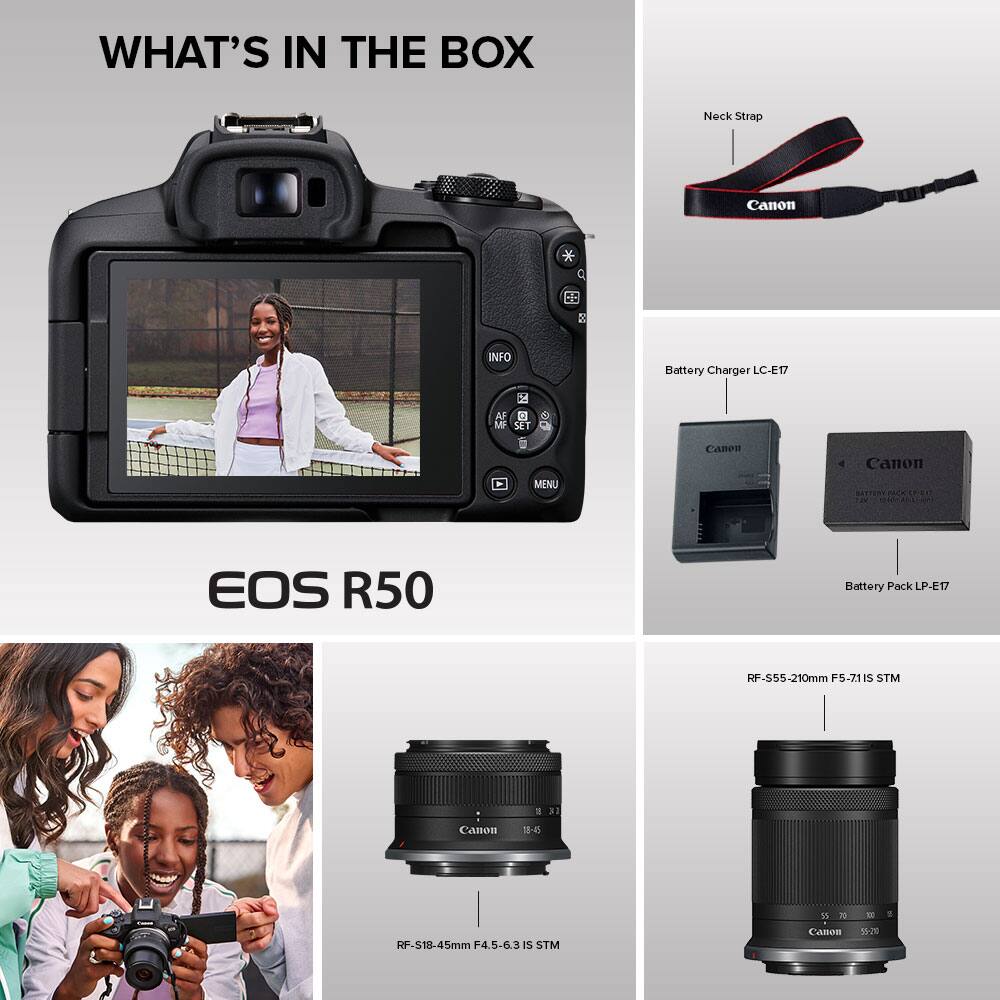 What's in the Box:

1. Neck Strap
2. Canon EOS R50
3. Battery Charger LC-E17
4. Battery Pack LP-E17
5. RF 24-105mm F4 L IS USM
6. RF 18-85mm F4.5-6.3 IS STM
7. RF 8-20mm F4.5-6.3 IS STM
8. Canon EOS R50
9. Canon EOS R50
10. Canon EOS R50