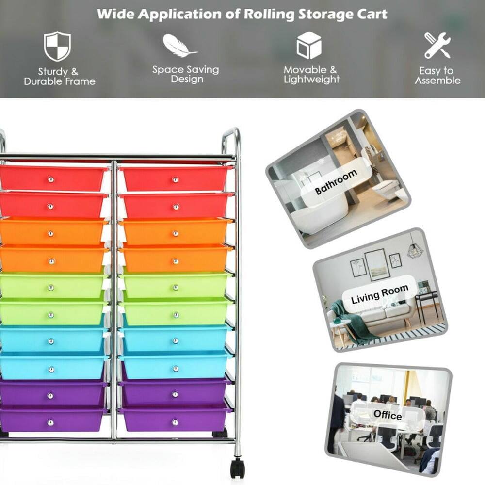 Wide Application of Rolling Storage Cart  
Sturdy & Durable Frame  
Space Saving Design  
Movable & Lightweight  
Easy to Assemble  

Bathroom  
Living Room  
Office