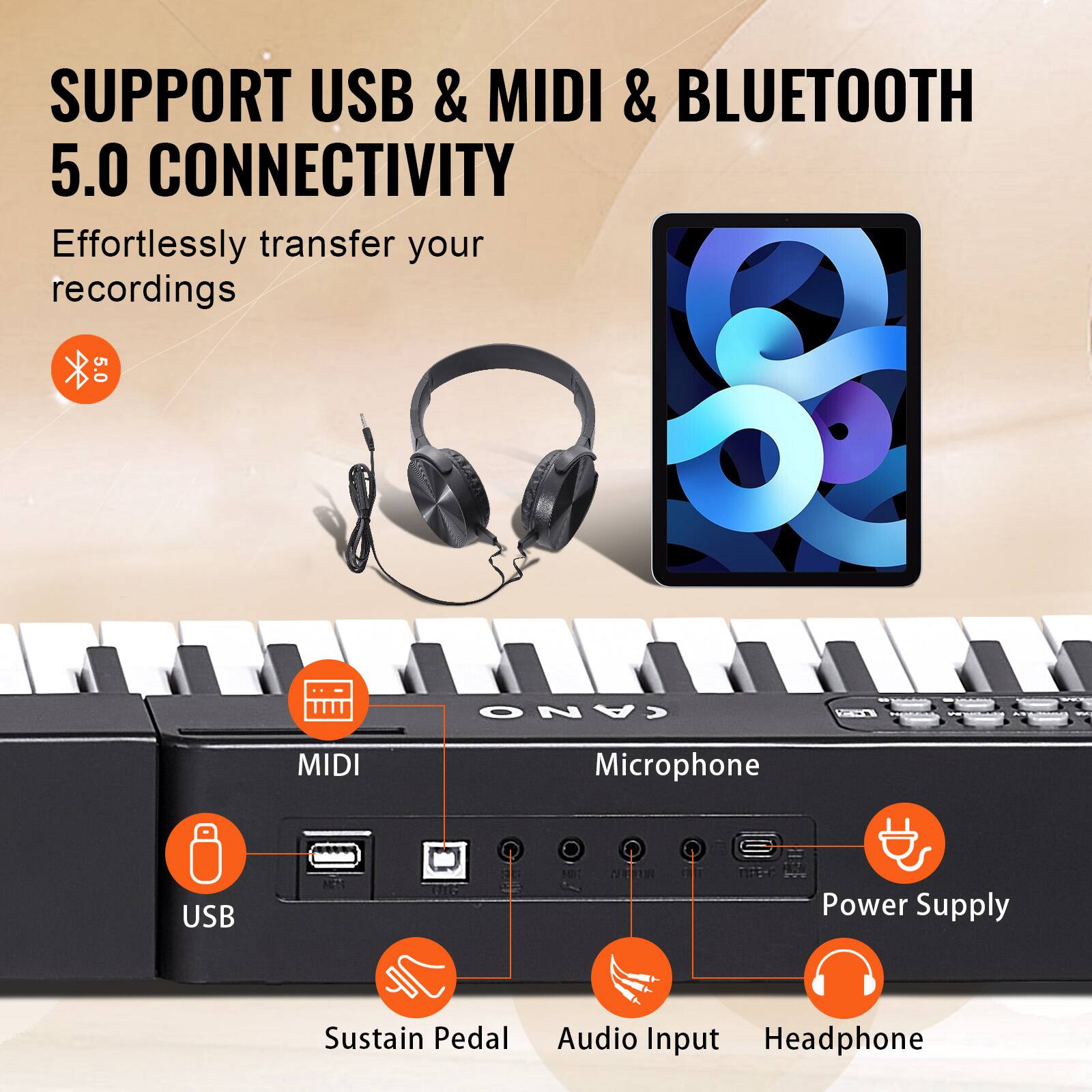 SUPPORT USB & MIDI & BLUETOOTH 5.0 CONNECTIVITY

Effortlessly transfer your recordings

- USB
- MIDI
- Sustain Pedal
- Audio Input
- Headphone
- Microphone
- Power Supply