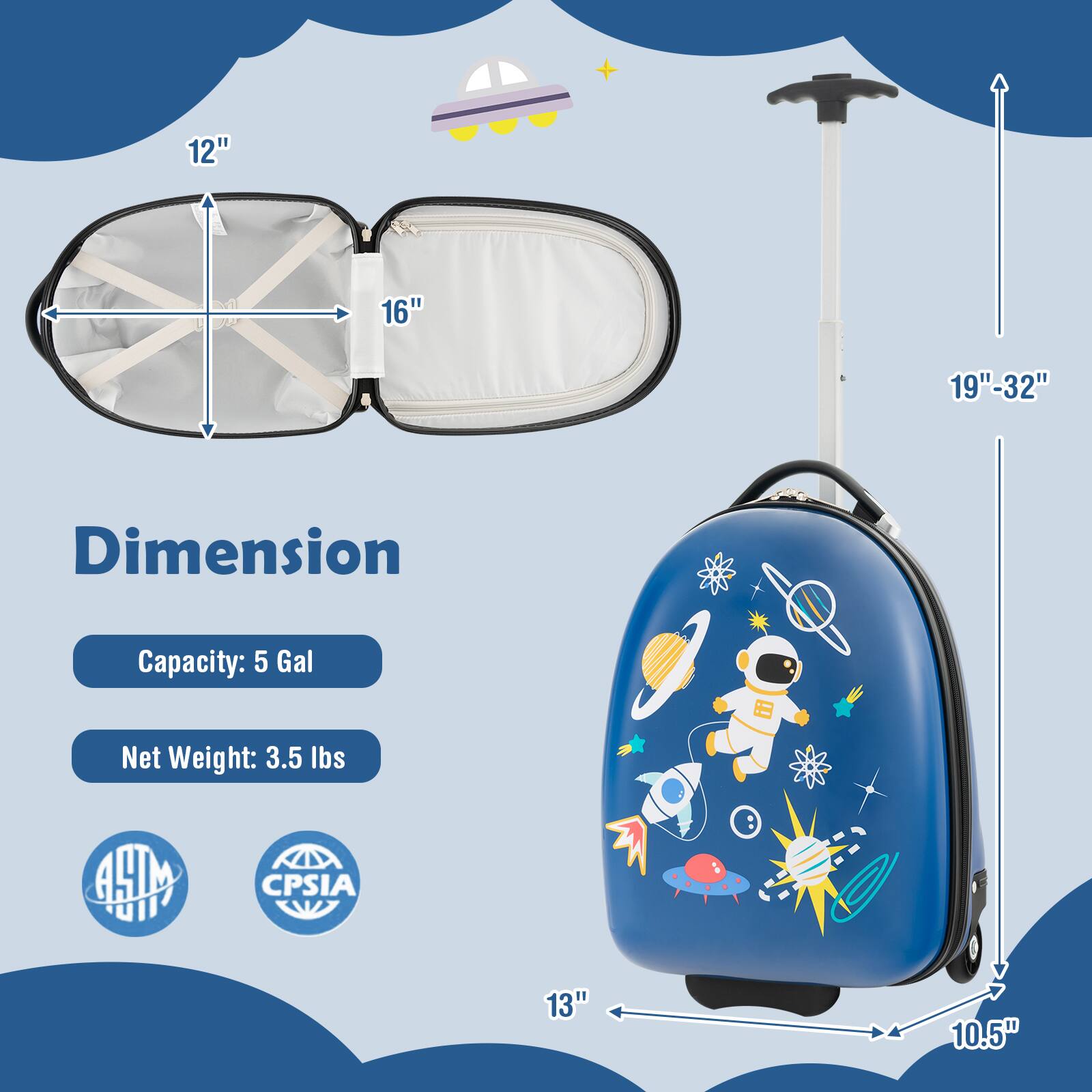 The text on the image reads: "Dimension: 12" 16" 19"-32" Capacity: 5 Gal Net Weight: 3.5 lbs MUI7 CPSIA 13" 10.5"".