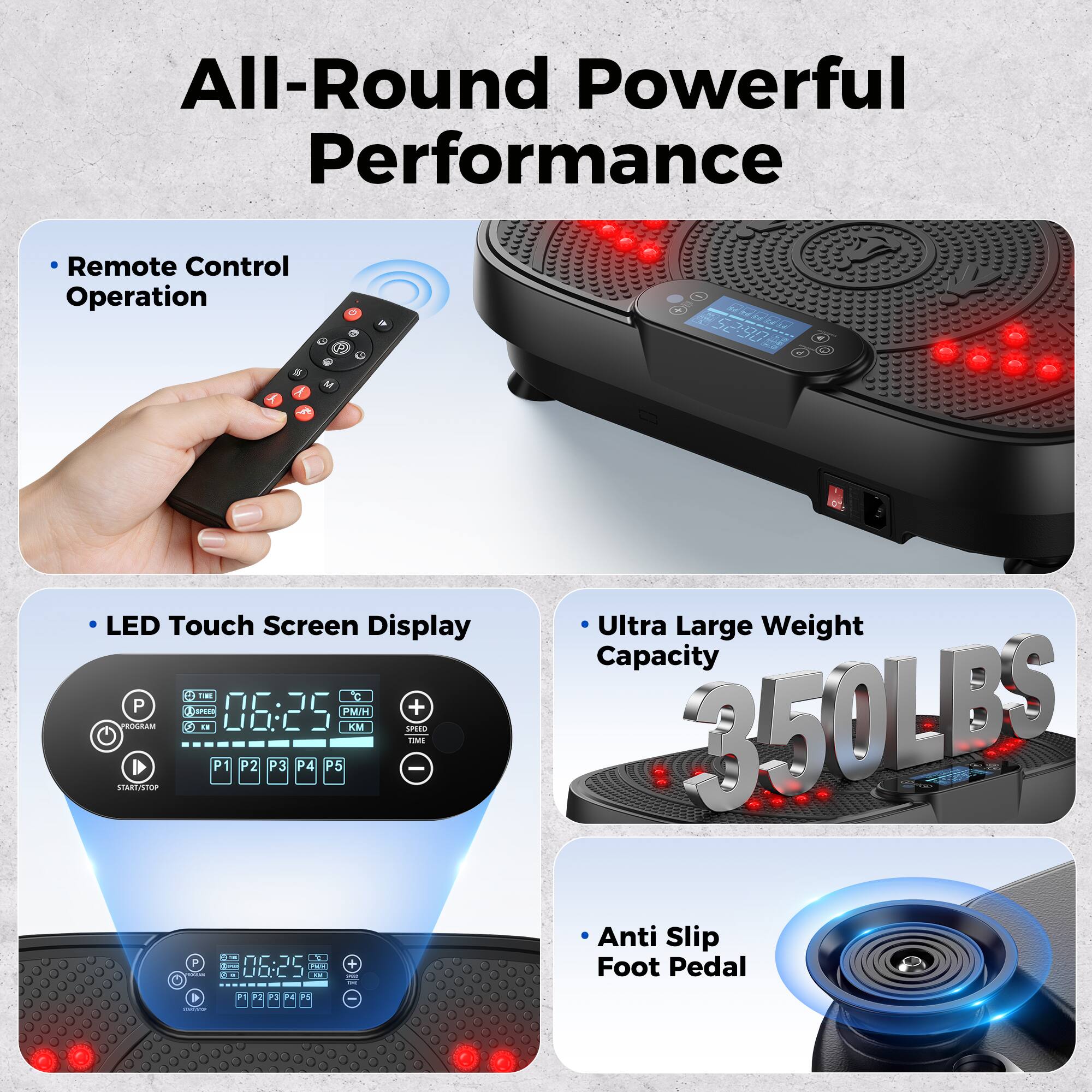 All-Round Powerful Performance

- Remote Control Operation
- LED Touch Screen Display
- Ultra Large Weight Capacity 350LBS
- Anti Slip Foot Pedal