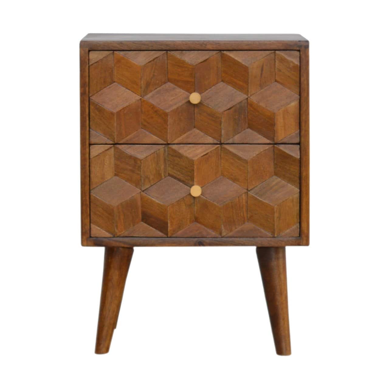 Artisan Furniture - Solid Wood Cube Carved Nightstand, 2 Drawers, Nordic Legs, Dark Brown - Chestnut