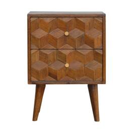 Artisan Furniture - Solid Wood Cube Carved Nightstand, 2 Drawers, Nordic Legs, Dark Brown - Chestnut