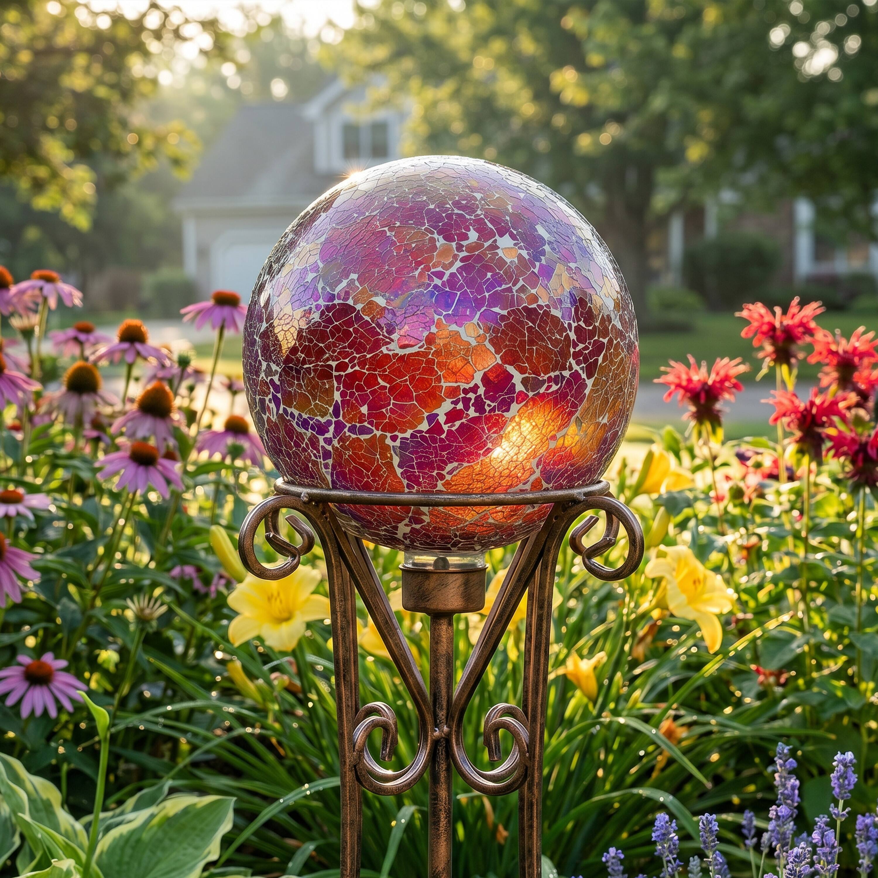Alt View 5. Sunnydaze - Crackled Glass Mosaic Gazing Globe - 10 in - 2pk - Pearl Pink.