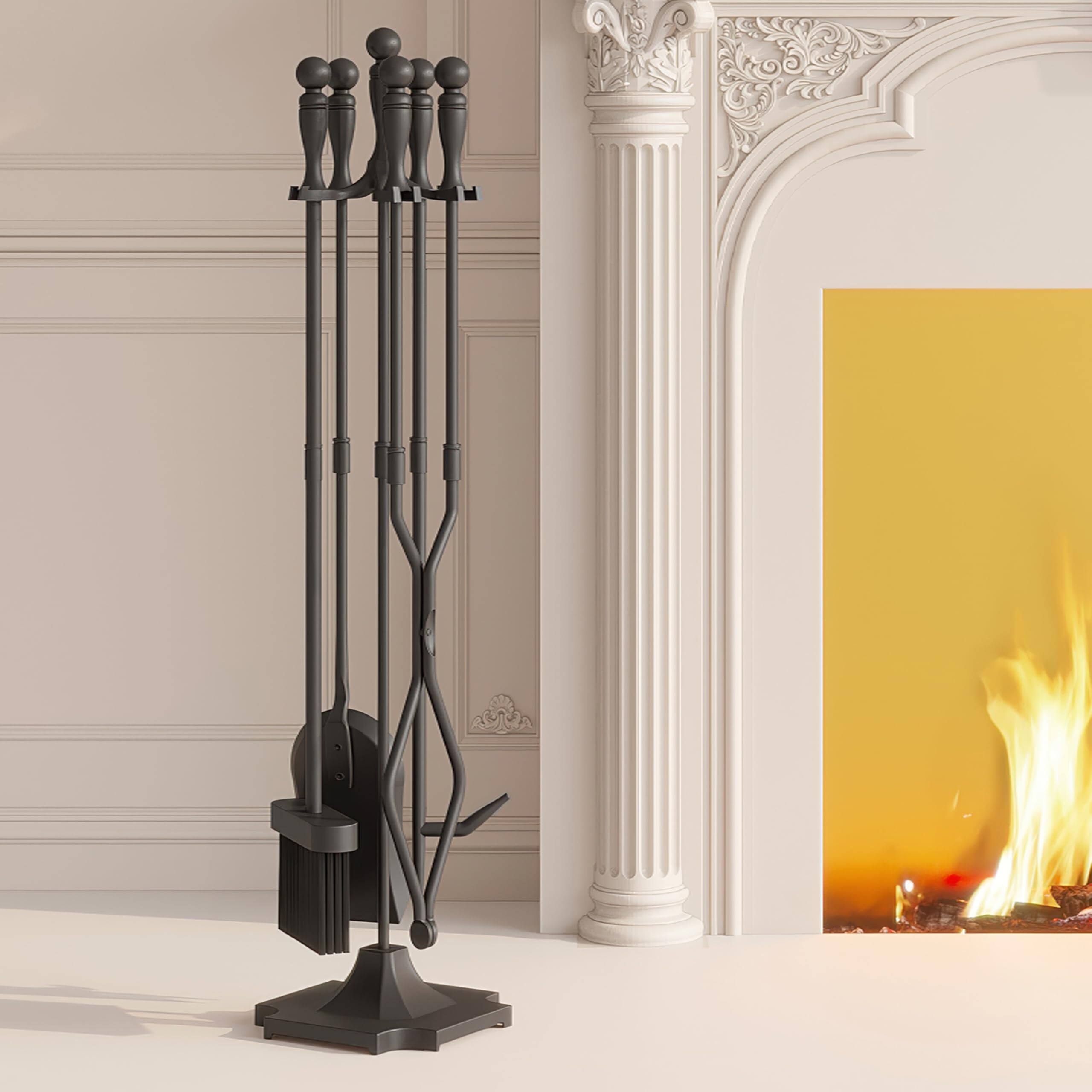 Left. JETRANSPORT - 5 Fireplace Tools Sets Heavy Duty Wrought Iron Large Fire Tool Set And Holder Outdoor Black - Default.