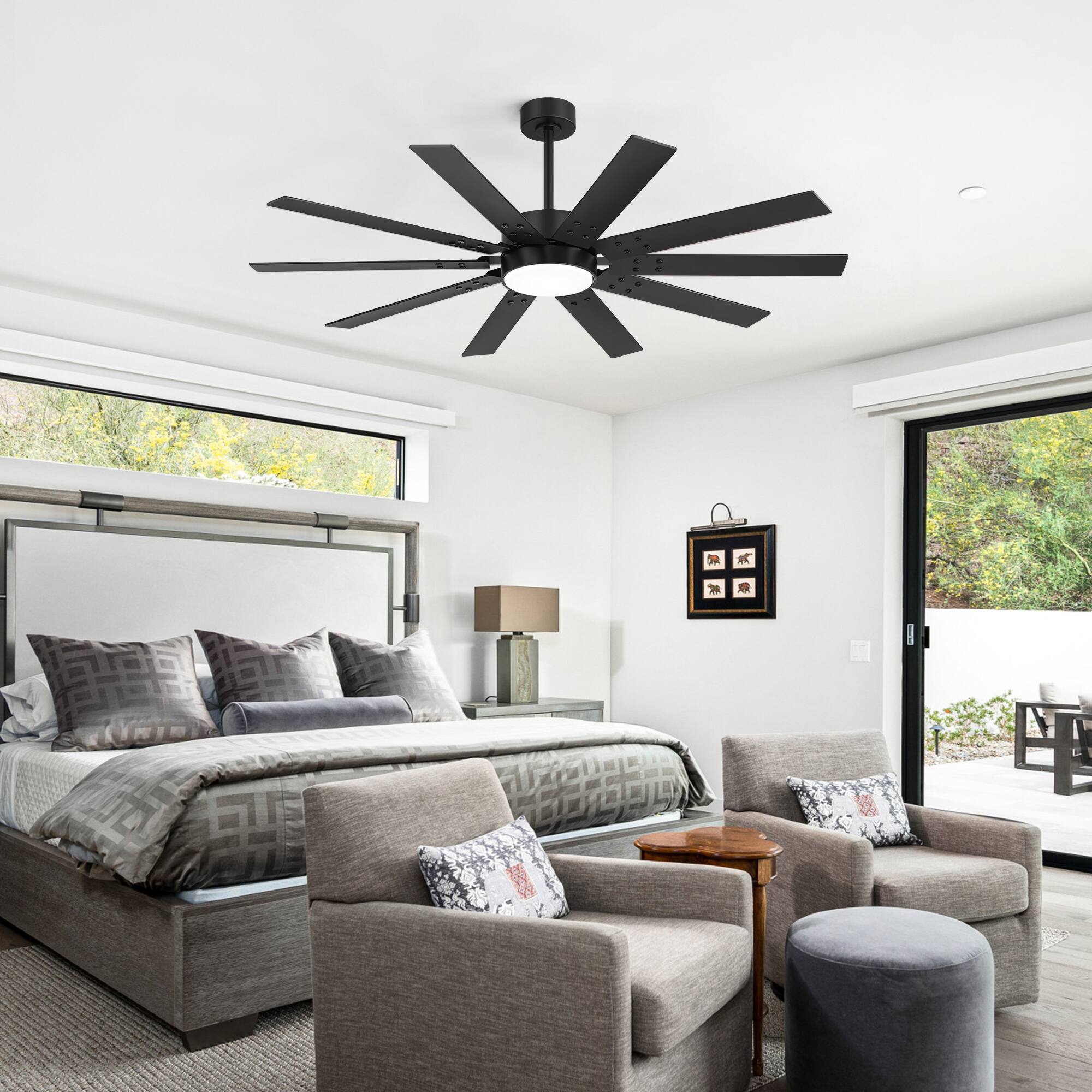 Alt View 10. Breezary - 60-In LED Indoor Ceiling Fan, 10 Plywood Blades, 6-Speed DC Motor,  Remote Control, Multi Timer, 6"/12" Downrods - Black.