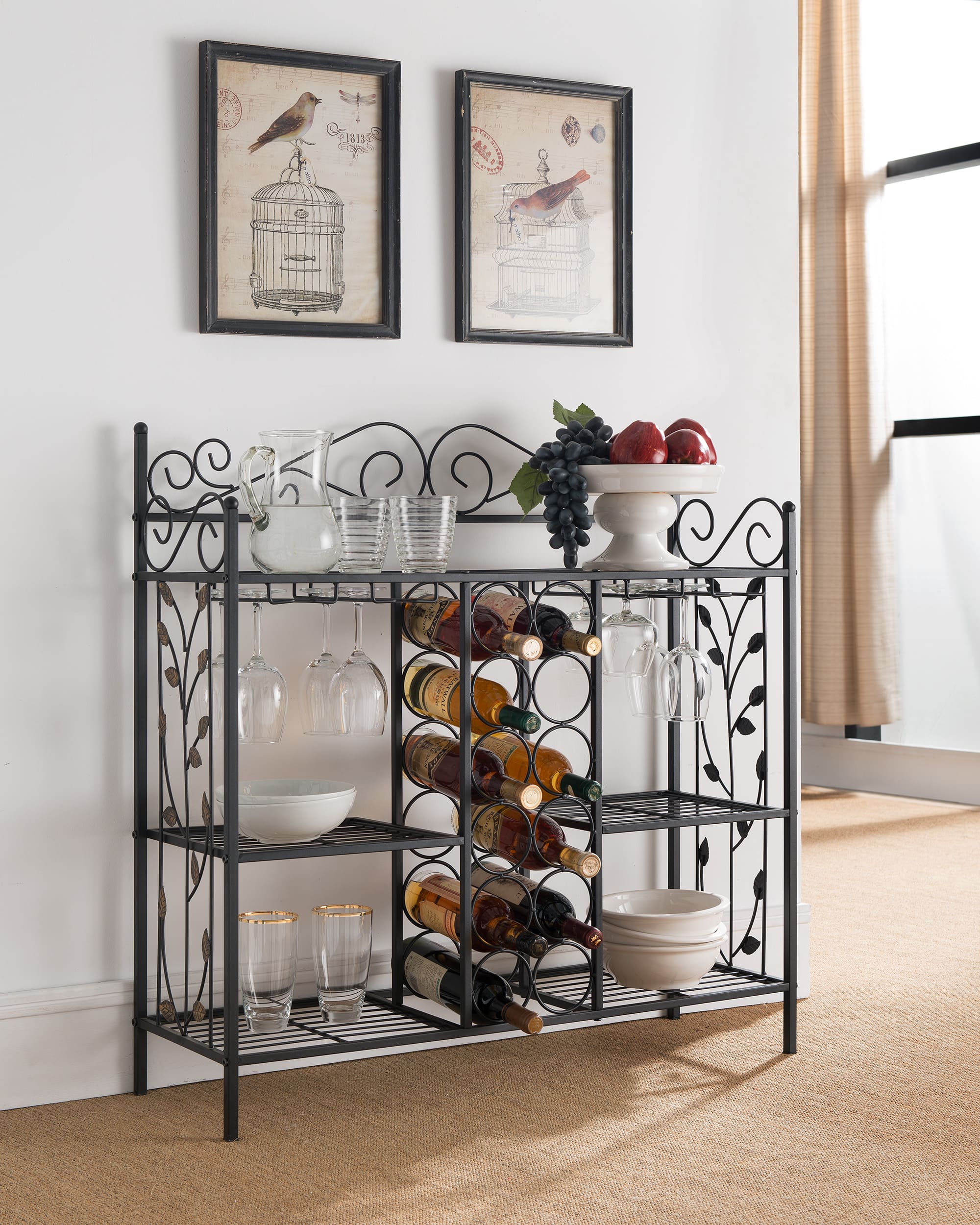 Kings Brand Furniture - Metal Console Table Wine Rack, Liquor Bar Cabinet with Glass Holder - Black