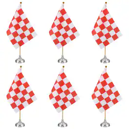 Unique Bargains - 6pcs 12" R/W Checkered Table Flag for Racing/Sport Party, Bamboo Stick & Silver Round Base - Red and White Flag, Silver Base