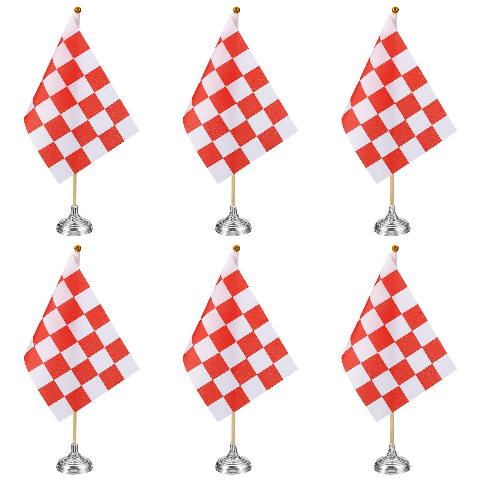 Front. Unique Bargains - 6pcs 12" R/W Checkered Table Flag for Racing/Sport Party, Bamboo Stick & Silver Round Base - Red and White Flag, Silver Base.