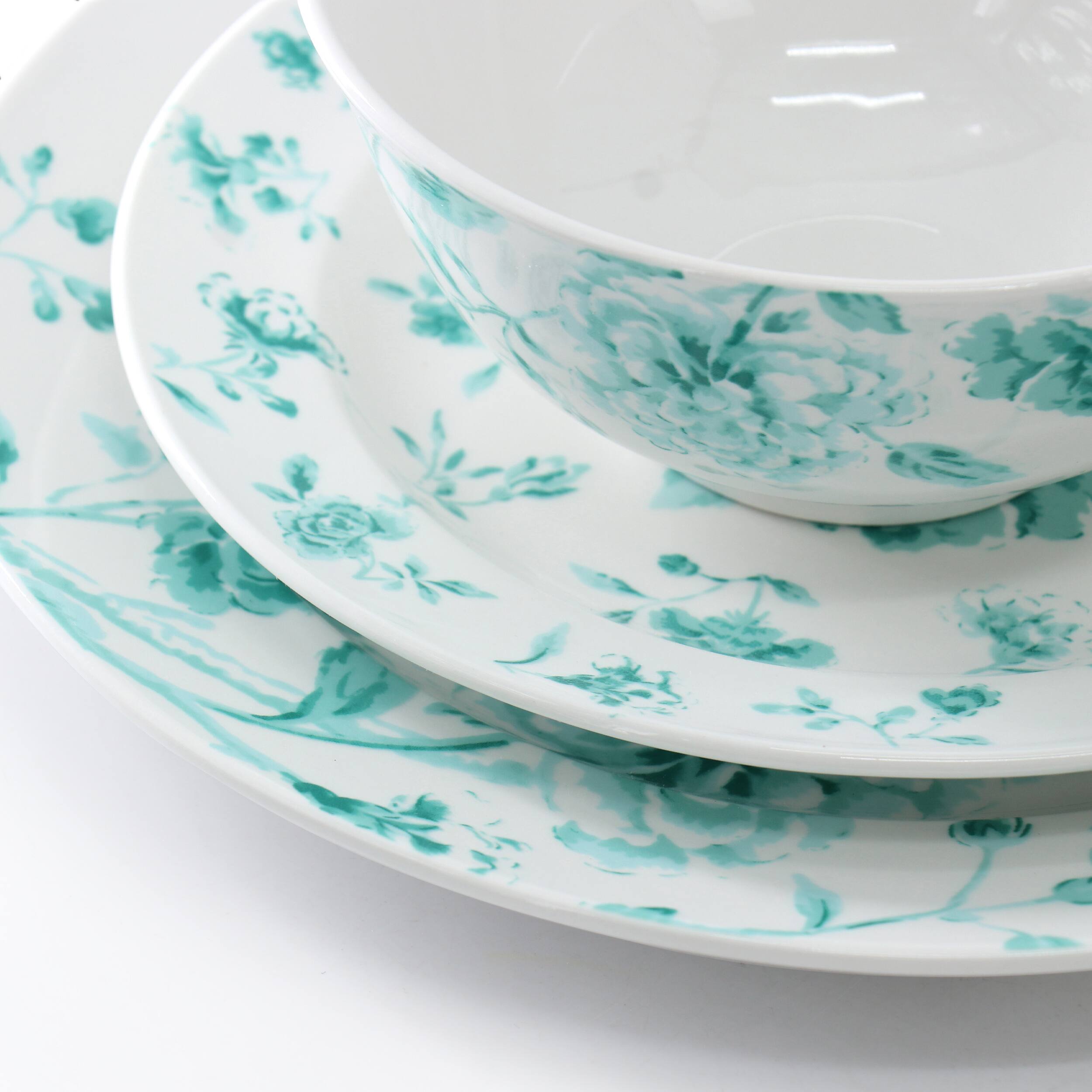 Alt View 3. Martha Stewart - Martha Stewart Chinoserie 12 Piece Round Porcelain Dinnerware Set in Teal - Teal.