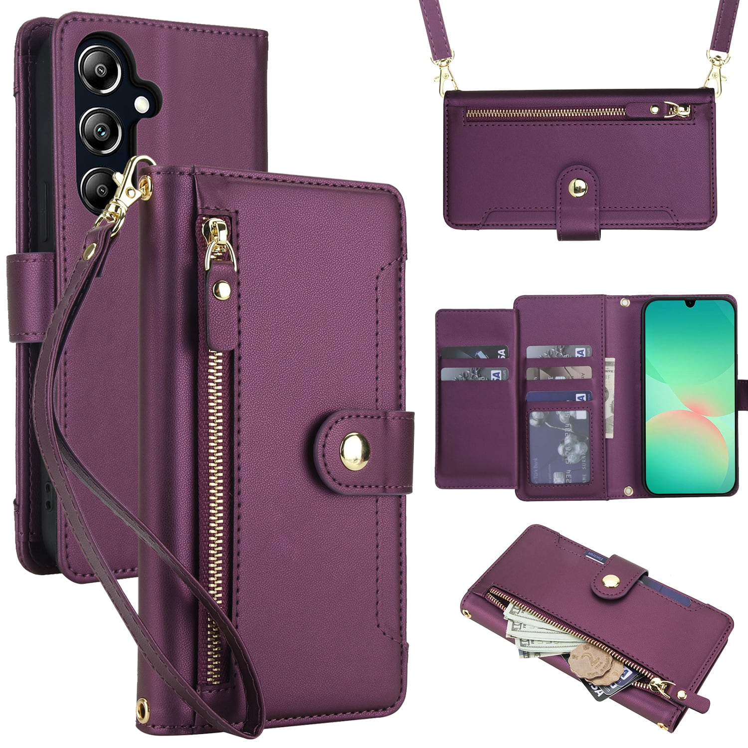 UUCOVER - For Samsung Galaxy A16 5G PU Leather Wallet Case with Card Slots Cash Holder, Zipper Pocket, Stand, Shoulder Wrist Strap - Darkpurple price history on PriceWatchPro