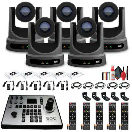 Sure, here is the corrected and grouped text from the image:
**Cameras:**
- SE
**Control Panel:**
- OPTICS
**Accessories:**
- STANDY
- POWER
**Cables:**
- (Various cables shown)
**Remote Controls:**
- (Multiple remote controls shown)
**Cleaning Supplies:**
- BRAVE
- OPTICS CLEANER
**Other Accessories:**
- (Various small accessories shown, including adapters and connectors)