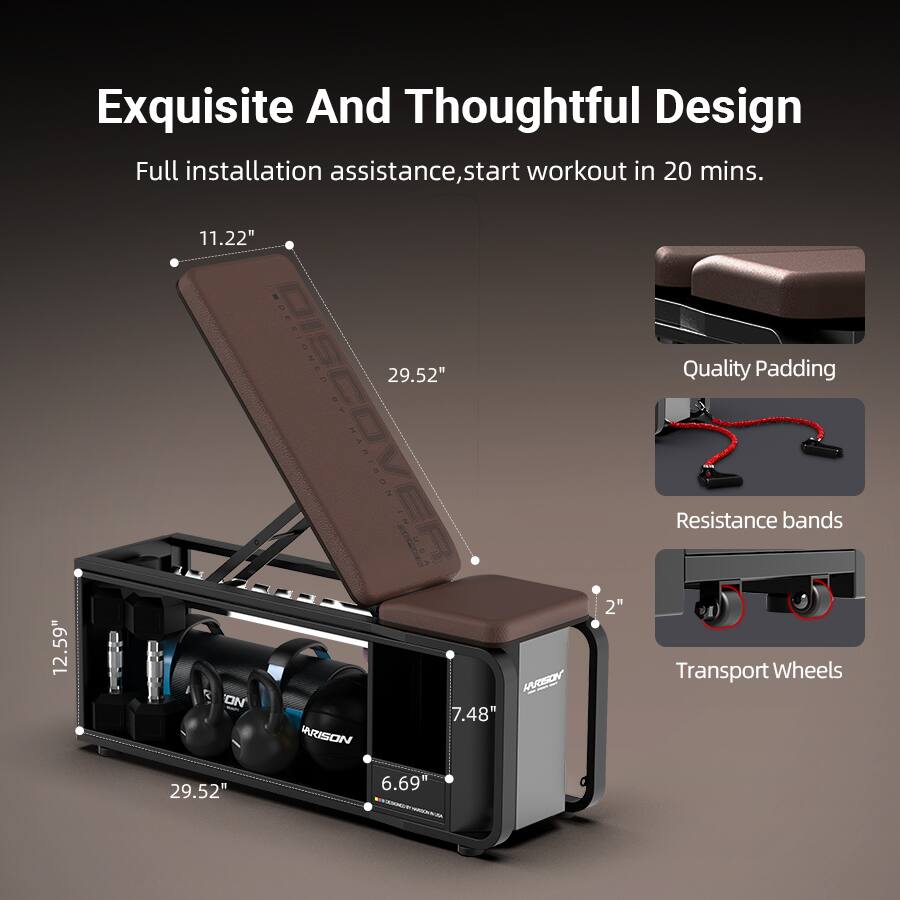 Exquisite And Thoughtful Design  
Full installation assistance, start workout in 20 mins.  

- 11.22"  
- 29.52"  
- 12.59"  
- 7.48"  
- 2"  
- 6.69"  

Quality Padding  
Resistance bands  
Transport Wheels
