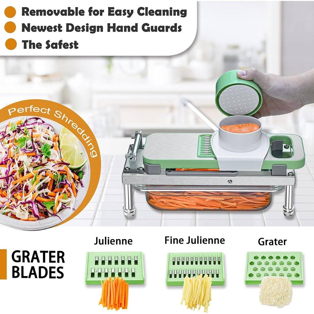 - Removable for Easy Cleaning
- Newest Design Hand Guards
- The Safest

Perfect Shredding

GRATER BLADES

- Julienne
- Fine Julienne
- Grater