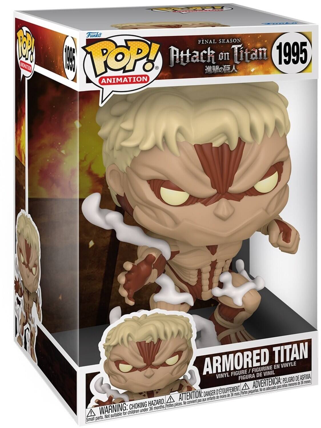 Sure, here is the corrected and grouped text from the image:

---

**Funko POP! Animation**

**FINAL SEASON**  
**Attack on Titan**  
**1995**

**ARMORED TITAN**  
VINYL FIGURE / FIGURINE EN VINYLE  
FIGURA DE VINIL  
FIGURA DE ASFIOA PELIGRO DE ADVERTENCIA:  
WARNING: CHOKING HAZARD. Small parts. Not suitable for children under 36 months.  
ATTENTION: DANGER DE SOUFFLEMENT. Petites pièces. Ne convient pas aux enfants de moins de 36 mois.  
ADVERTENCIA: PEIGRO DE ASFIOA. Pequeñas piezas. No conviene para menores de 36 meses.

---

This text is organized to reflect the information on the packaging, including the brand, series, character, and safety warnings.