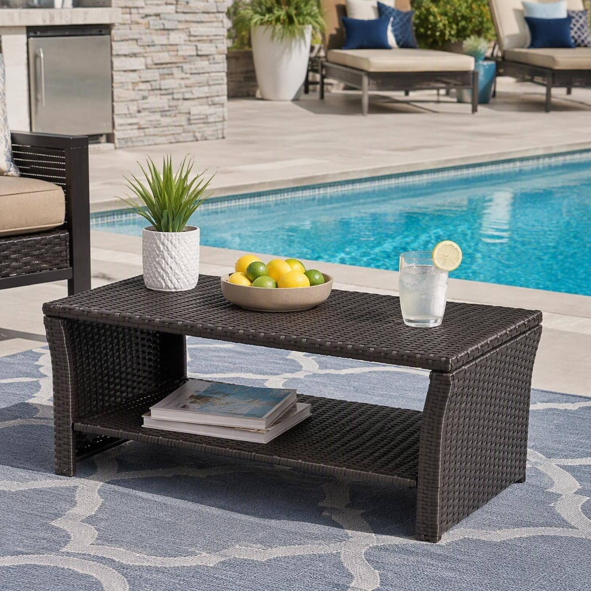Alt View 1. RYHNUYNE - 2-Tier Outdoor Coffee Table with Storage Shelf,Patio Rattan Furniture,Rectangular Side Table for Garden Deck Porch - Brown.