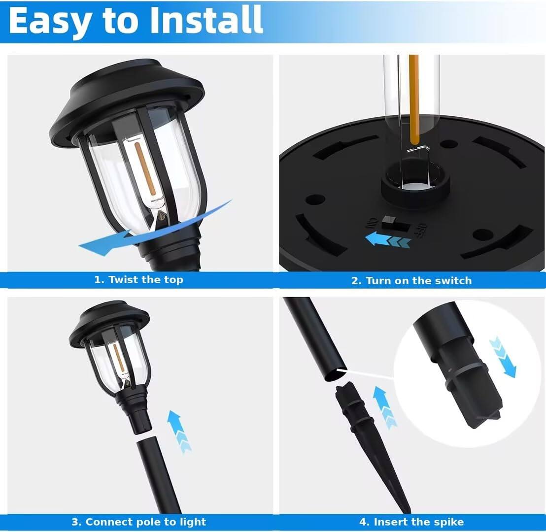 Easy to Install

1. Twist the top
2. Turn on the switch
3. Connect pole to light
4. Insert the spike