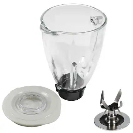Front. HQRP - Glass Jar Set for Oster Osterizer Blender, 004954-011-090 014709-156-000, 1.25L Pitcher, 0.33 Gallon, Round, White Lid - White.