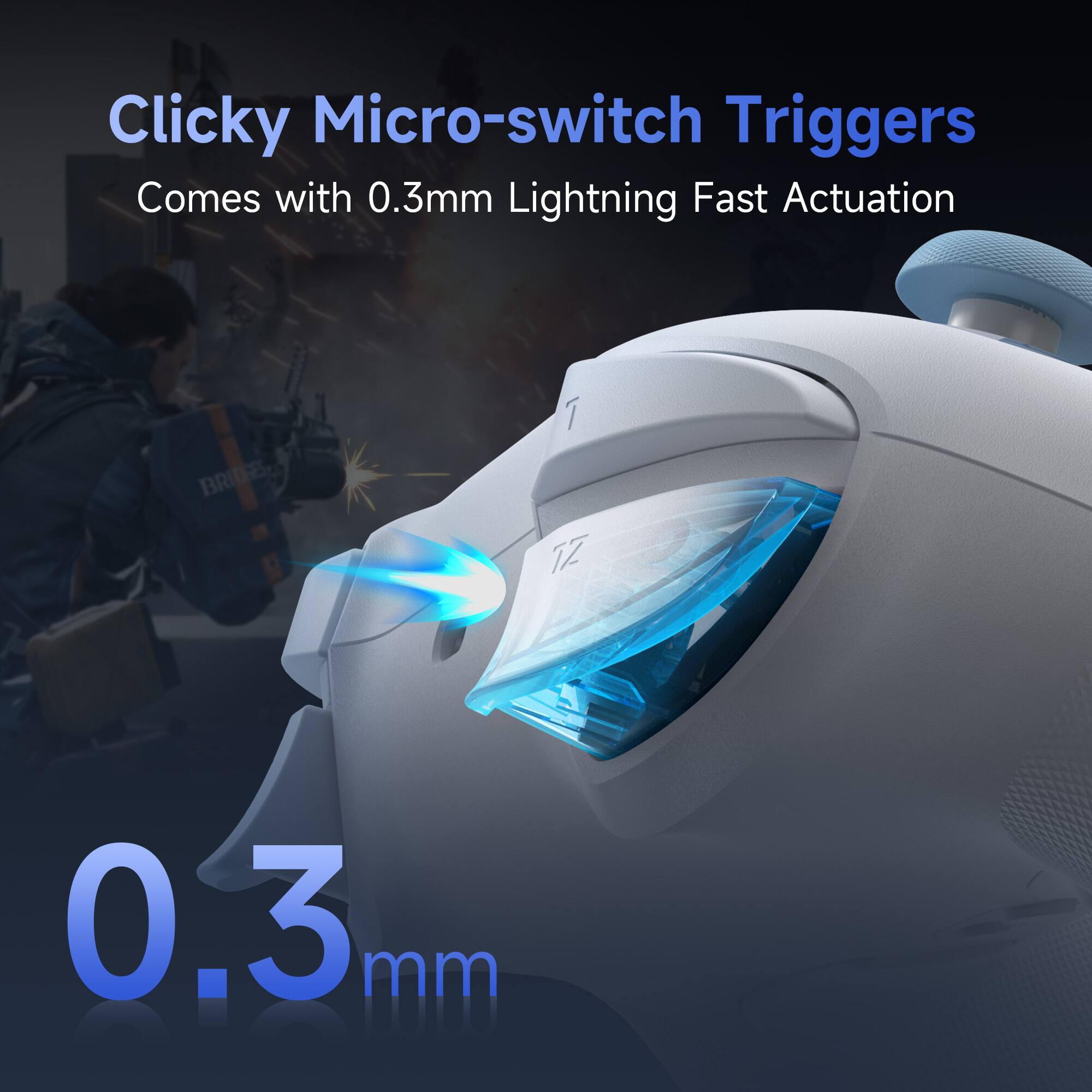 Clicky Micro-switch Triggers  
Comes with 0.3mm Lightning Fast Actuation  

0.3mm