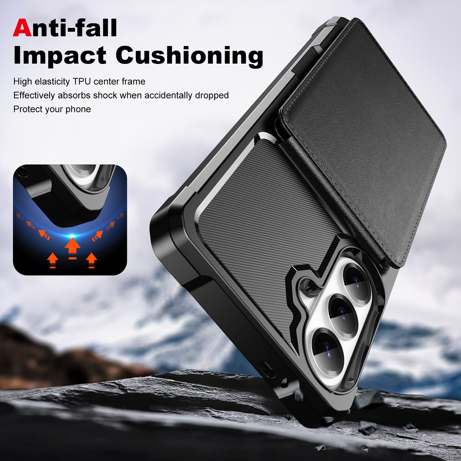 Anti-fall Impact Cushioning

High elasticity TPU center frame  
Effectively absorbs shock when accidentally dropped  
Protect your phone