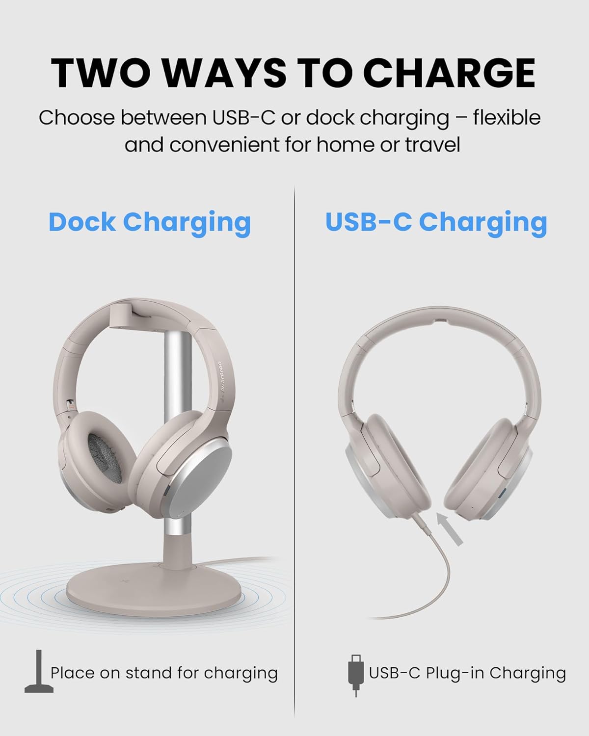 TWO WAYS TO CHARGE  
Choose between USB-C or dock charging – flexible and convenient for home or travel  

Dock Charging  
Place on stand for charging  

USB-C Charging  
USB-C Plug-in Charging