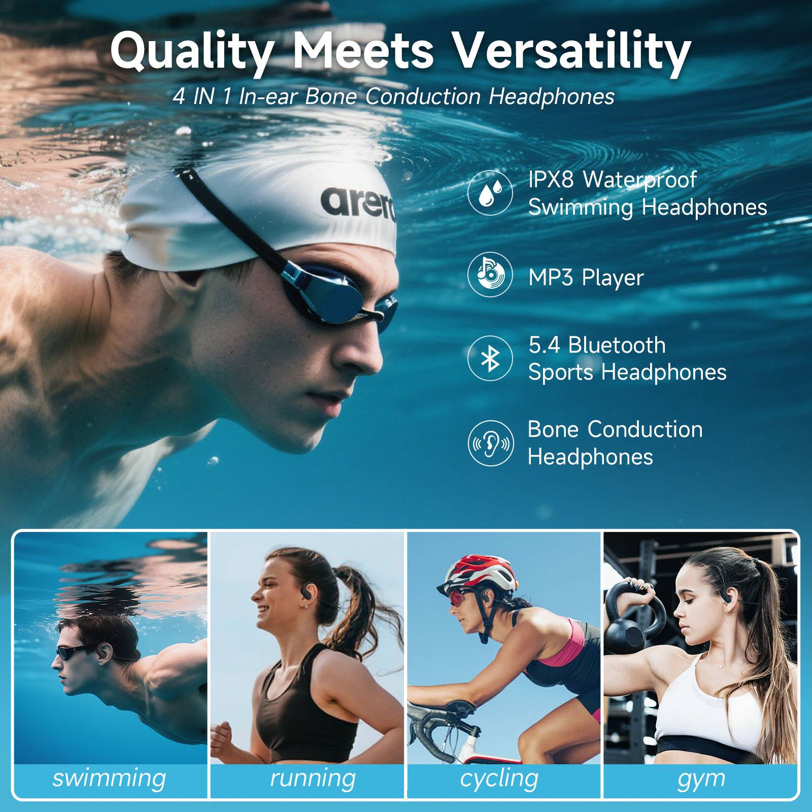 Quality Meets Versatility  
4 IN 1 In-ear Bone Conduction Headphones  

- IPX8 Waterproof Swimming Headphones  
- MP3 Player  
- 5.4 Bluetooth Sports Headphones  
- Bone Conduction Headphones  

swimming  
running  
cycling  
gym