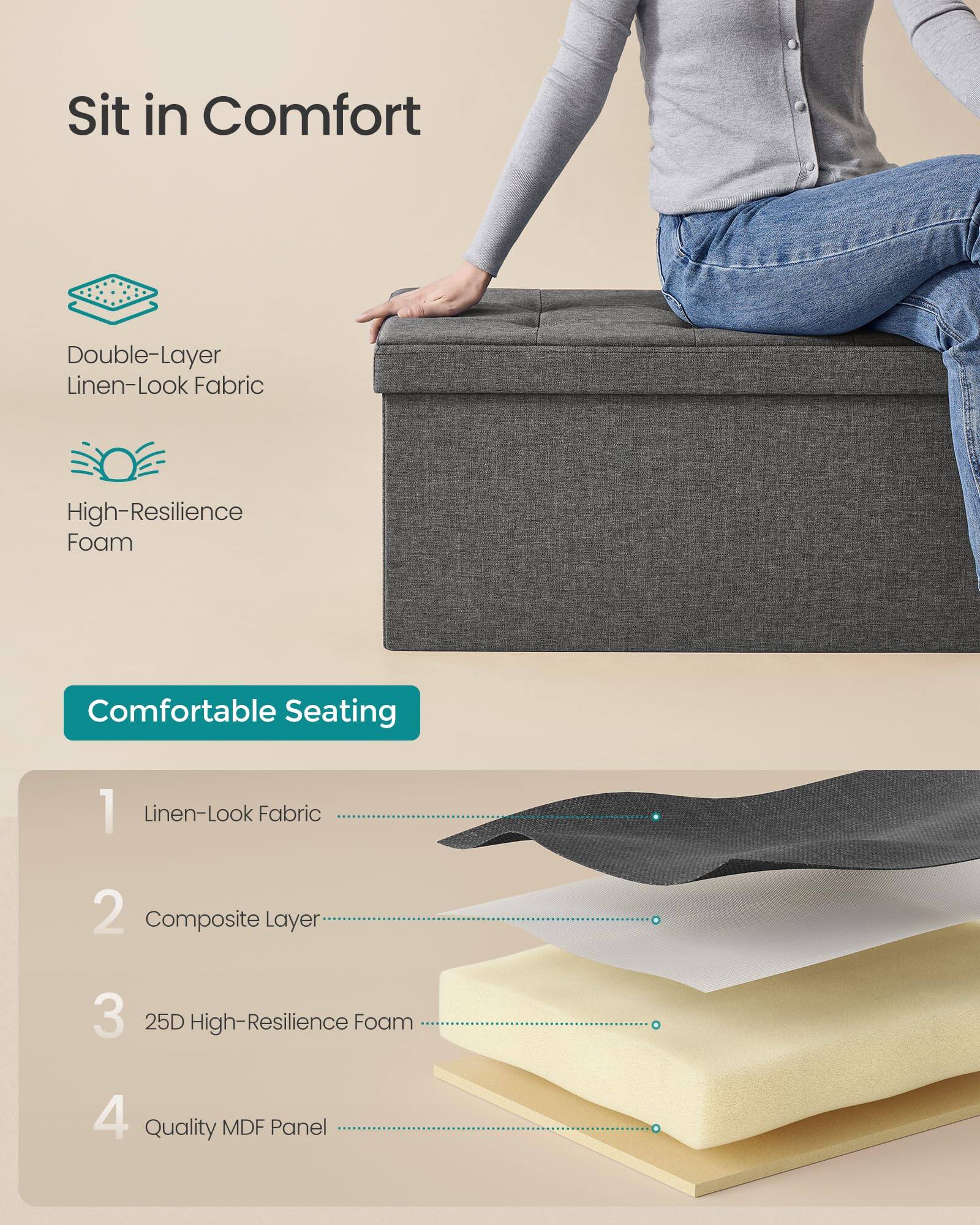 Sure, here is the corrected and grouped text:

---

**Sit in Comfort**

- Double-Layer Linen-Look Fabric
- High-Resilience Foam

**Comfortable Seating**

1. Linen-Look Fabric
2. Composite Layer
3. 25D High-Resilience Foam
4. Quality MDF Panel

---