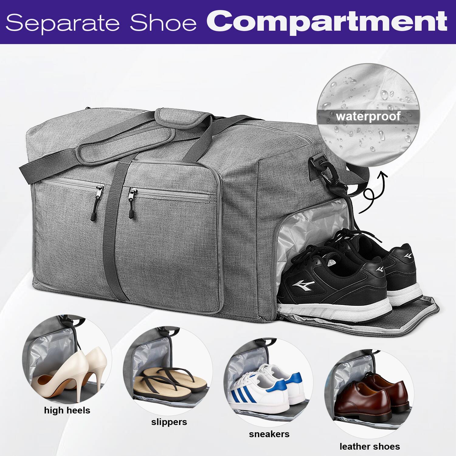 Separate Shoe Compartment  
waterproof  
5 Y K  
high heels  
slippers  
sneakers  
leather shoes