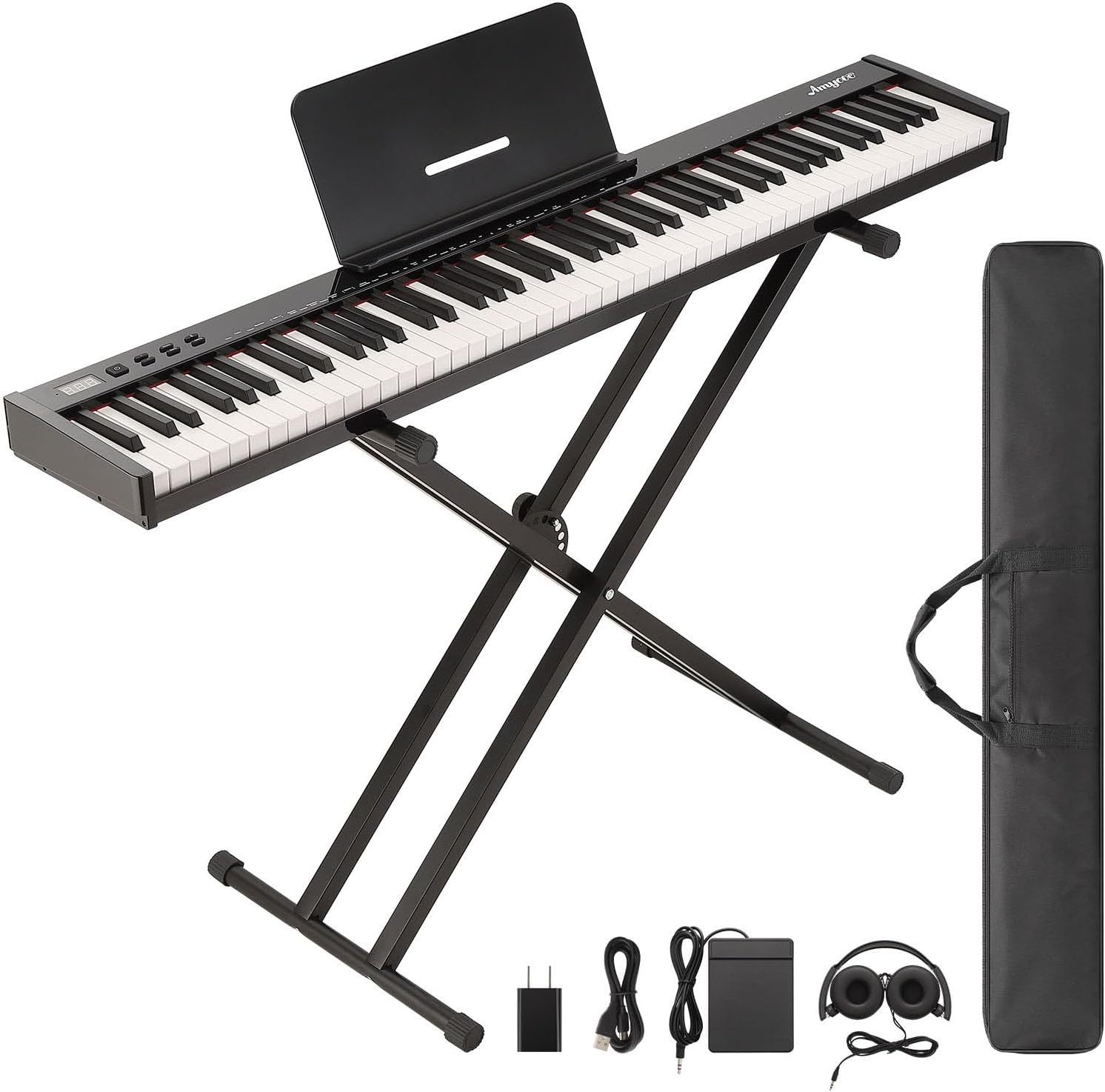 Front. Homhougo - 88-Key Portable Digital Piano Full Set, Bluetooth, Stand, Case, Headphones, Power Adapter.