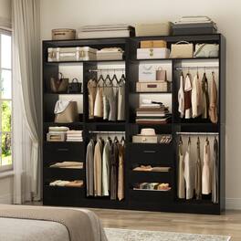 Aheaplus - 72"2-Piece Walk-in Closet Organizer System with 6 Drawers, Hanging Rods & Adjustable Shelves for Bedroom - Black